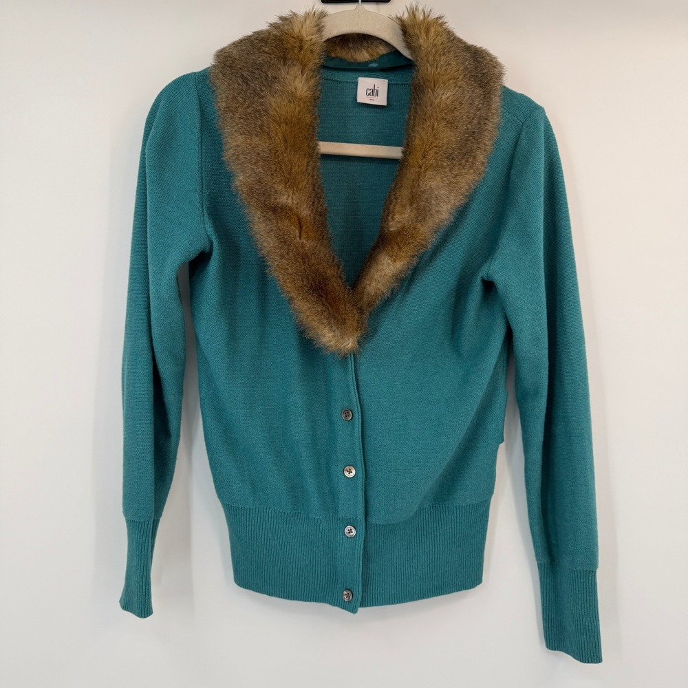 Cabi 3018 Teal Tearoom Faux Fur Collar Button Cardigan Sweater Small Winter Chic